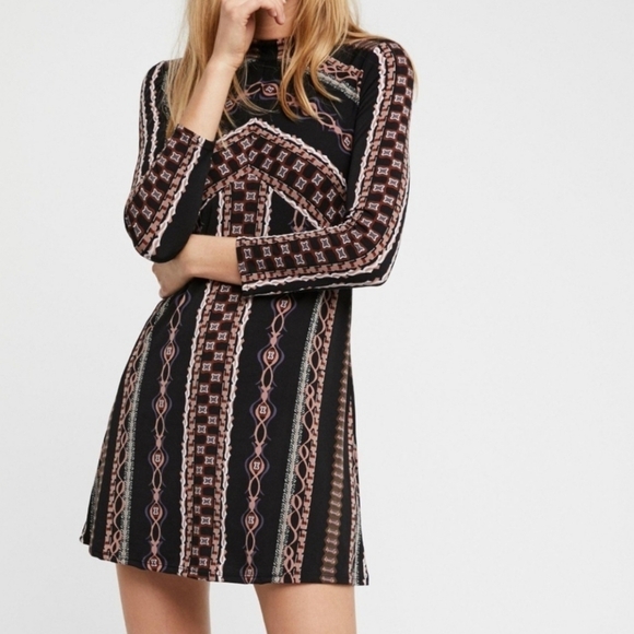 Free People Stella Black Brown Blue Long Sleeve Mini Dress XS - Picture 11 of 11